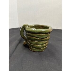Handmade Pottery Mug Green Unique Artistic Coffee Cup Signed Gabby J